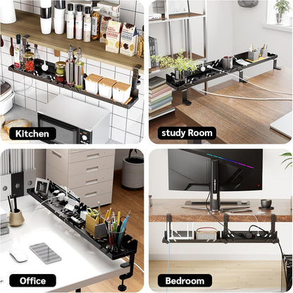 Extended Metal Under Desk Cable Management Tray with Power Outlet, No-Drill Wire Organizer with Clamp, Cord Storage Raceway for Desk Cable Management for Office Home (White)