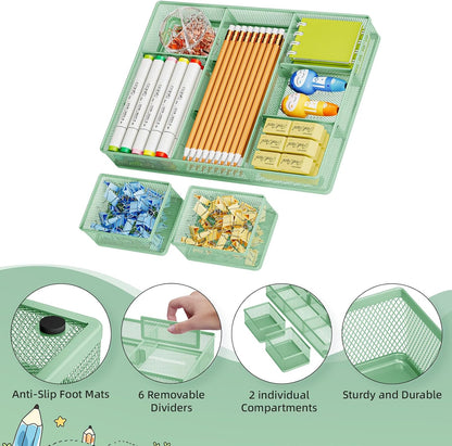 Marbrasse 3 Packs Desk Drawer Organizers, Metal Mesh Dividers Desk Drawer Organizer Tray with 9 Adjustable Compartments, Pen Organizer for Drawer Tray Box Accessories for Desktop,Kitchen, Makeup