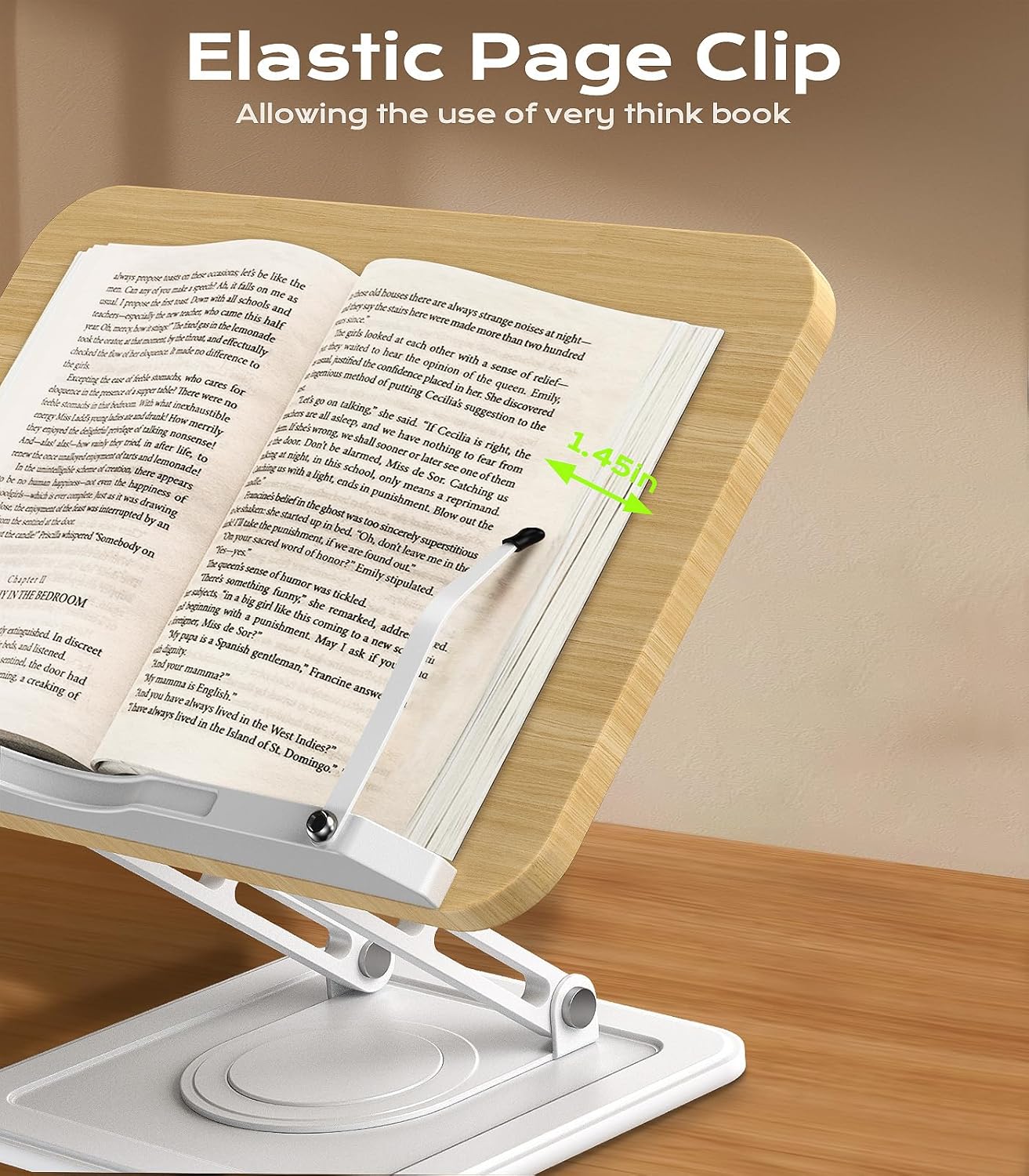 Book Stand for Reading, Adjustable Book Holder with 360°Rotating Bases, Ergonomic Cookbook Stand Recipe Book Holder with Elastic Page Clips for Magazines, Tablets, Laptops,Black