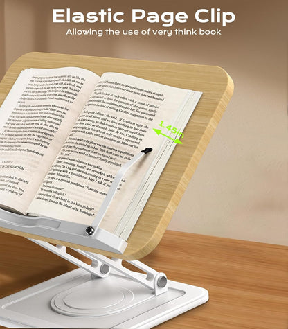 Book Stand for Reading, Adjustable Book Holder with 360°Rotating Bases, Ergonomic Cookbook Stand Recipe Book Holder with Elastic Page Clips for Magazines, Tablets, Laptops,Black