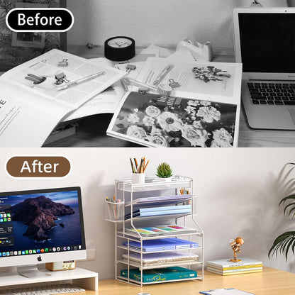 7 Tier Desk File Organizer – Vertical File Organizer for Desk with Removable Pen Holder & Adjustable Pull-out Drawer – Metal Document Organizer for Office, Simple Trending Design – Black