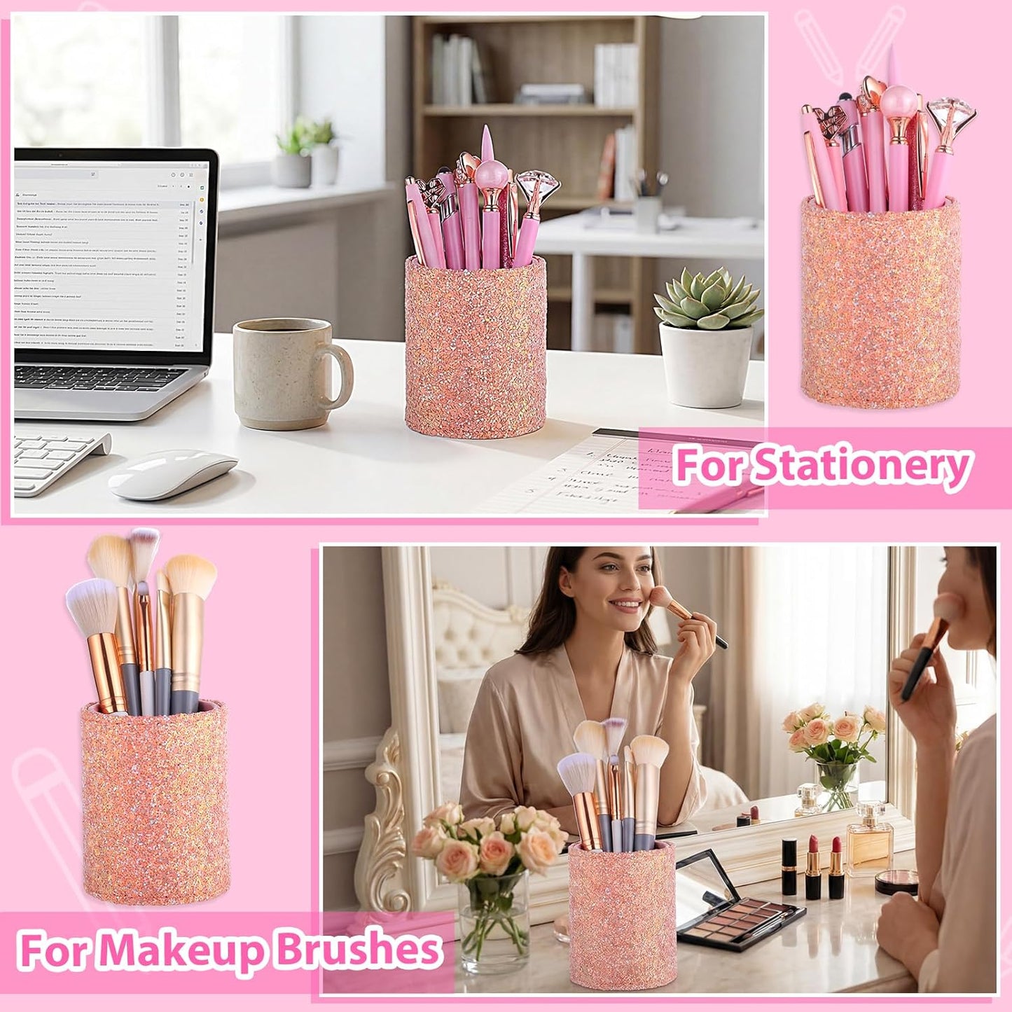 BESARTE 9 Pcs Pink Pens With Pen Holder for Desk, Fancy Pens Pink Mom Gifts Desk Accessories for Weddings Parties Mothers Day Gifts for Mom Wife