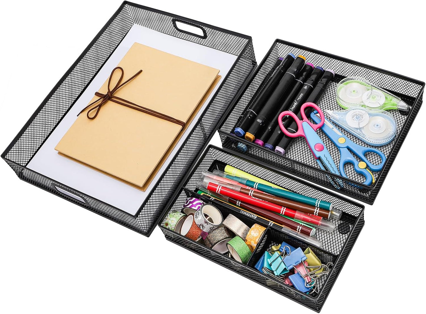 Noamus 3 Pack Office Drawer Organizer, Desk Drawer Divider Tray, Metal Mesh Desktop Basket, 6 Compartments Pen Storage Box for Makeup, Stationery, Office Supplies & Accessories, Kitchen(Black,3 Size)