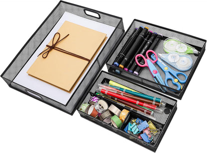 Noamus 3 Pack Office Drawer Organizer, Desk Drawer Divider Tray, Metal Mesh Desktop Basket, 6 Compartments Pen Storage Box for Makeup, Stationery, Office Supplies & Accessories, Kitchen(Black,3 Size)
