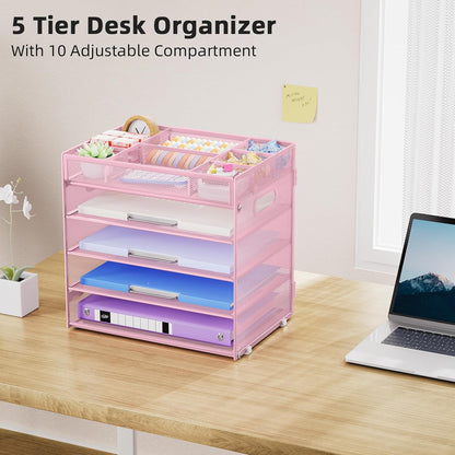 Marbrasse 5-Tier Letter Tray Paper Organizer with Handle, Multi-Functional Mesh File Organizer for Desk, Adjustable Compartments Mesh Desktop Storage for Office Supplies,Black
