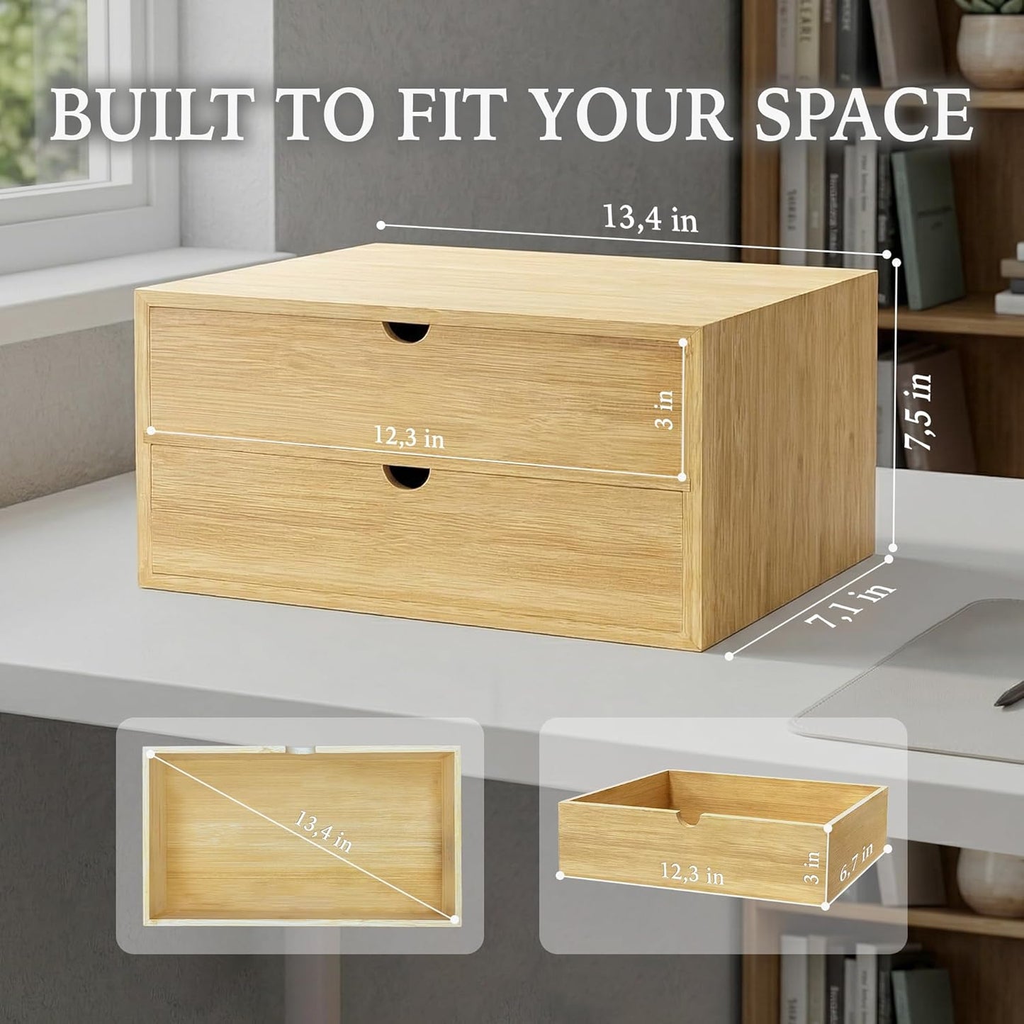 Bamboo Desk Organizer with 3 Drawers and Shelf, Desktop Drawers 13.4 x 7.3 x 8.1 Inches Countertop Storage Box for Office Supplies Makeup Kitchen, Wooden Tabletop Drawer No Assembly Required