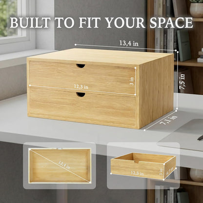 Bamboo Desk Organizer with 3 Drawers and Shelf, Desktop Drawers 13.4 x 7.3 x 8.1 Inches Countertop Storage Box for Office Supplies Makeup Kitchen, Wooden Tabletop Drawer No Assembly Required