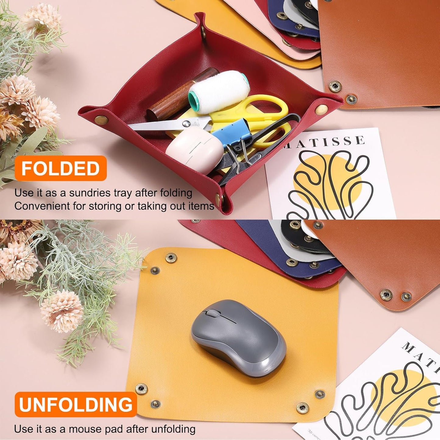 HARFINGTON PU Leather Valet Tray Unisex Folding Small Catchall Tray Portable Entryway Table Tray Nightstand Bedside Desk Tray for Key Wallet Watch Coin Jewelry Dice, Gray
