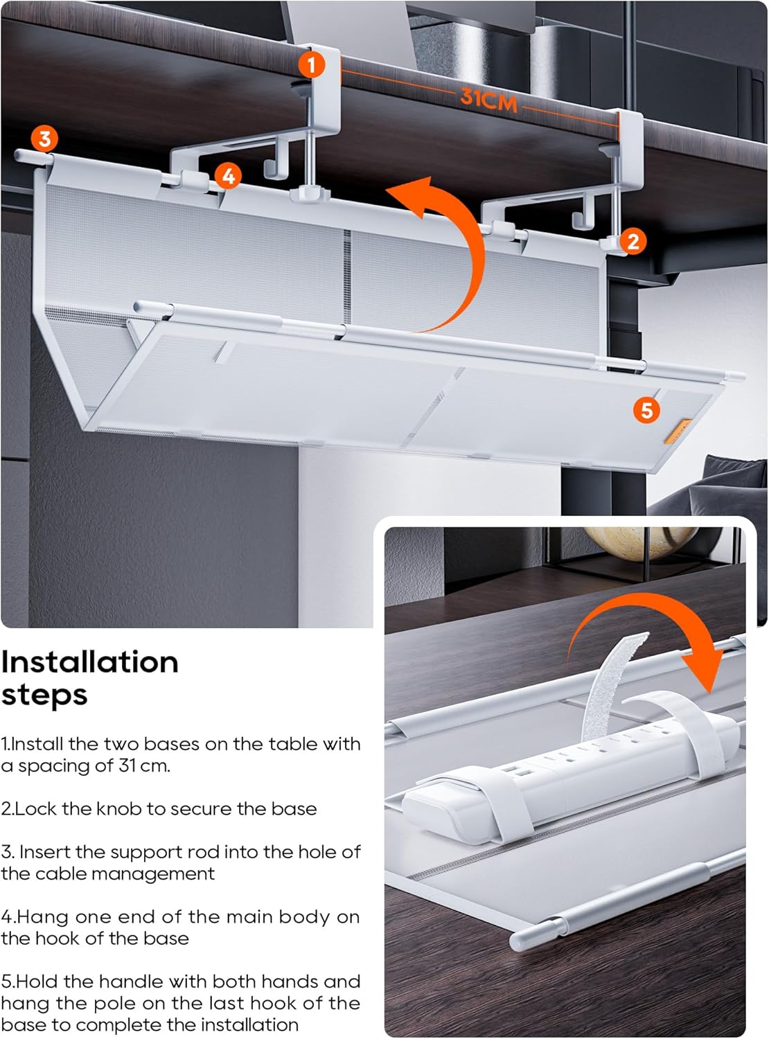 Under Desk Cable Management Tray No Drill, Cable Ties Included, Eco-Friendly Canvas Material, Mesh Design for Heat Dissipation, Cable Organizer/Storage for Standing Desk(27inch, Black)