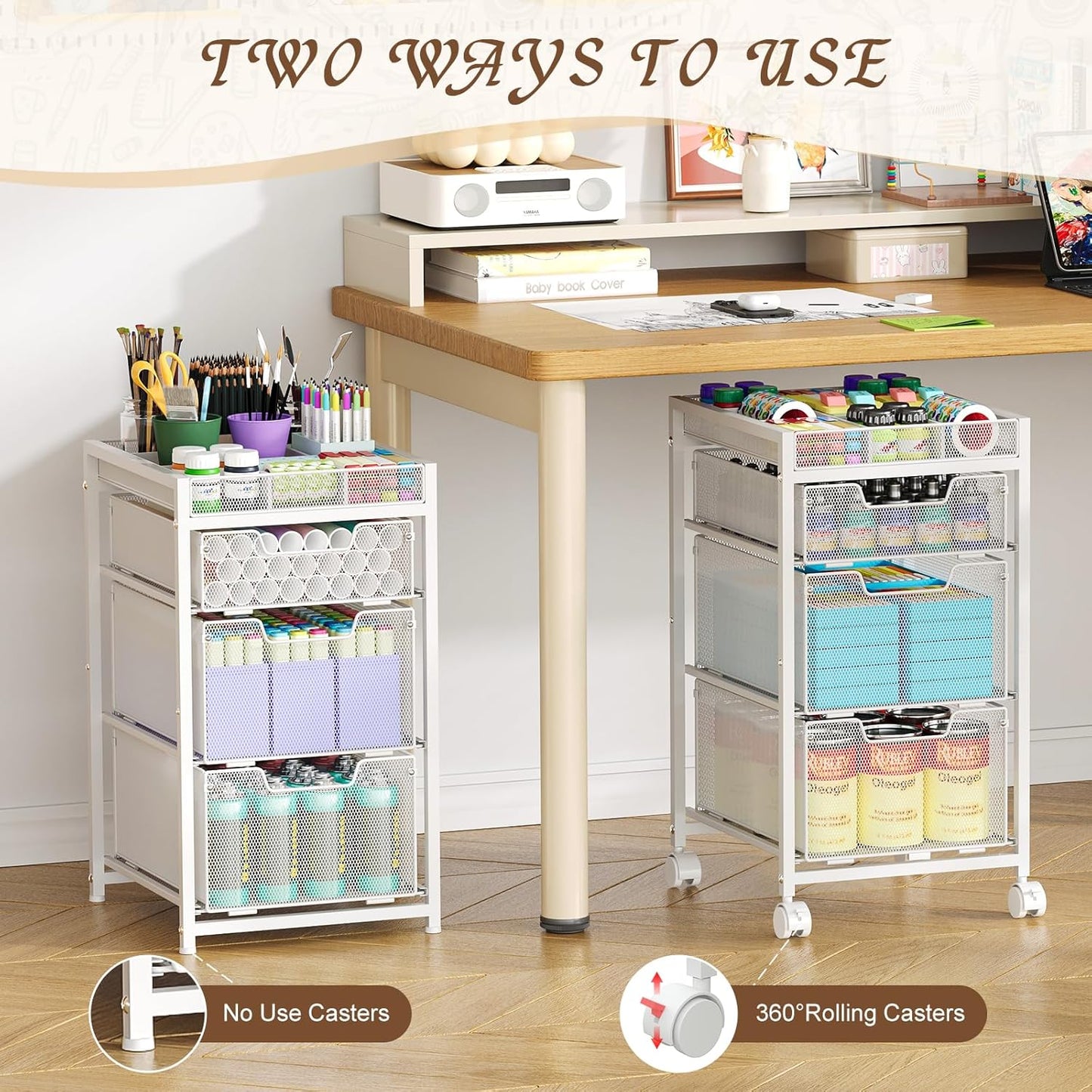 Rolling Utility Cart with 3 Drawers, Craft Organizer and Storage with DIY Divider, Lockable Wheels, Multi-Functional Storage for Art Supplies, Store for Brushes & Paints & Small Parts(Patent Pending)