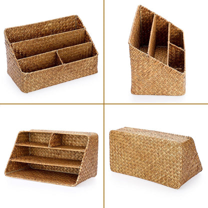 BTSKY Woven Storage Basket Natural Seagrass Vertical Wicker Storage Baskets with 4 Compartments Desk Organizers and Storage Magazine File Holder Home Office Supplies Sorter Rack, Coffee