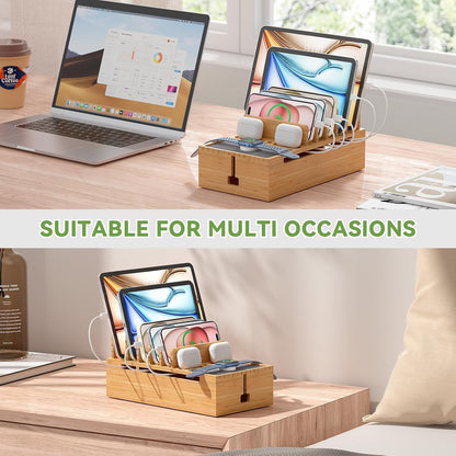 Pezin & Hulin Multi Charger Station Organizer Rack, Bamboo Cable Management Box, Power Strips and Cord Hider, Nightstand Device Organizer (Include 6 Cables)(No Power Charging Supply) -White