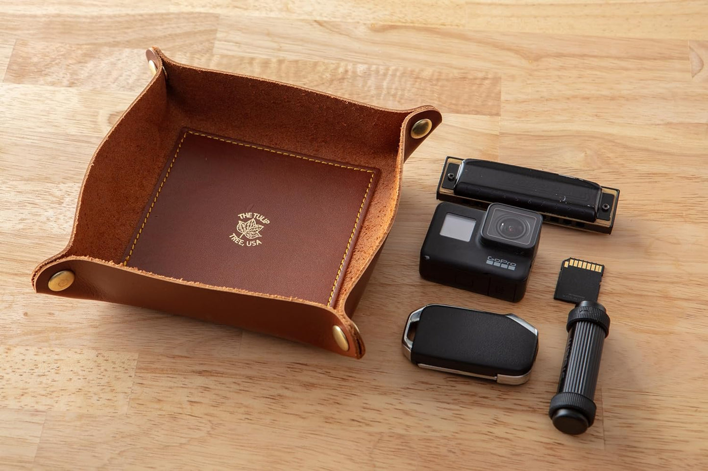 USA Handmade Premium Leather Valet Tray, Folds Flat! Dice Rolling Basket and Organizer with Brass Snaps - Reinforced Base - for Keys, Jewelry, Coin, EDC, Watch Storage Caddy - Black XLarge