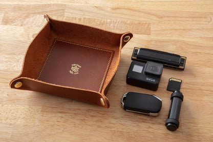 USA Handmade Premium Leather Valet Tray, Folds Flat! Dice Rolling Basket and Organizer with Brass Snaps - Reinforced Base - for Keys, Jewelry, Coin, EDC, Watch Storage Caddy - Black XLarge