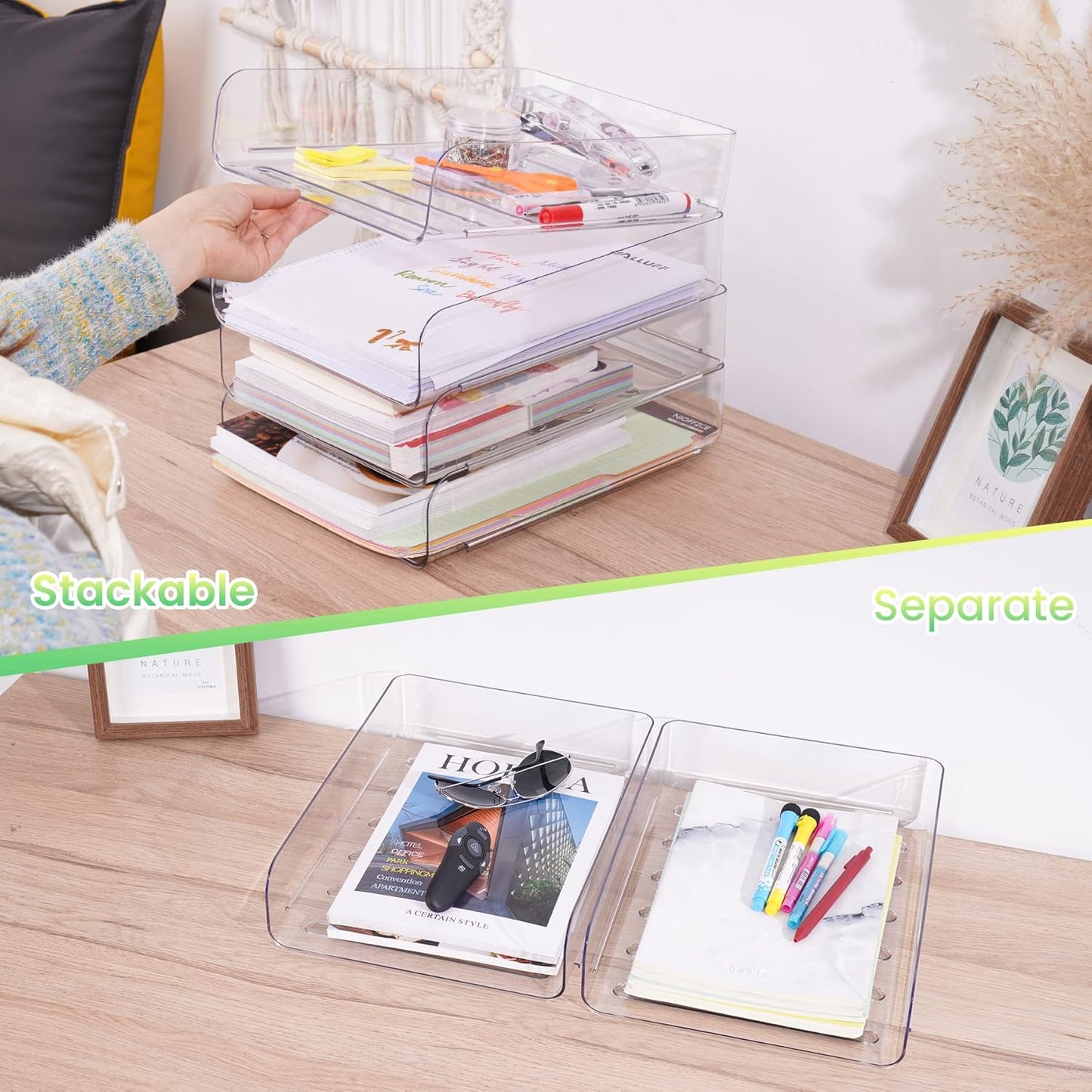 Tomorotec Desk Letter Tray Set, A4 Size Clear PET Stackable Document Organizer Office Desktop File Paper Holder Book Storage Rack Side Load Anti-Skid Stacking Support Convex Bottom (2X Landscape)