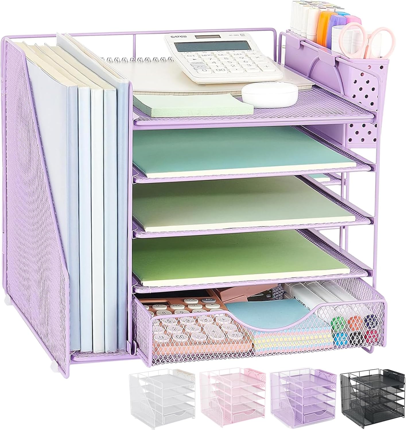 Desk Organizer with Drawer and Pen Holder, 5-Tier Paper Letter Tray Organizer with File Holder, Suitable for Workspace Organizer Office Supplies Storage (Black)