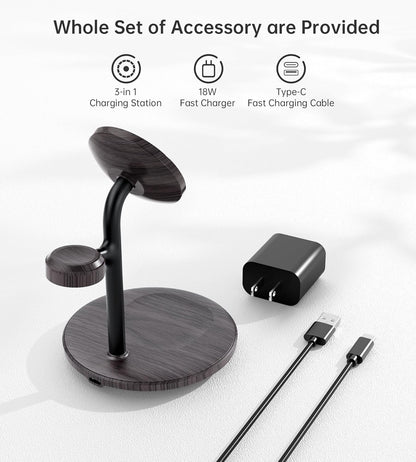 XooFly 3 in 1 Wireless Charging Station for Apple Devices, Fast Wireless Mag-Safe Charger Stand with 20W Adapter for iPhone 17 16 15 14 13 12 Pro Max/Air/Plus/Pro,iWatch,AirPods-Gift for Wife&Husband