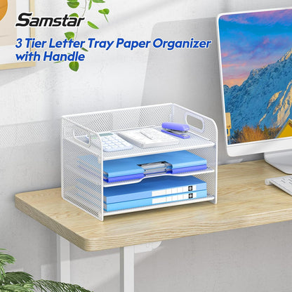 Samstar 3 Tier Letter Tray Paper Organizer with Handle, Mesh Desk Organizer Paper Sorter File Rack Shelves, Black