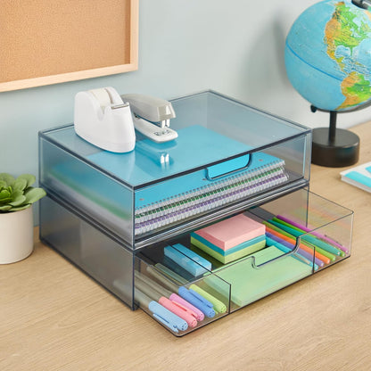 STORi STAX Plastic Stackable Organizer Drawers (Set of 2) Clear | 12.5" Wide | Set Includes Two Open Drawer | Organize Office Desk Accessories & Sort Paper | Made in USA