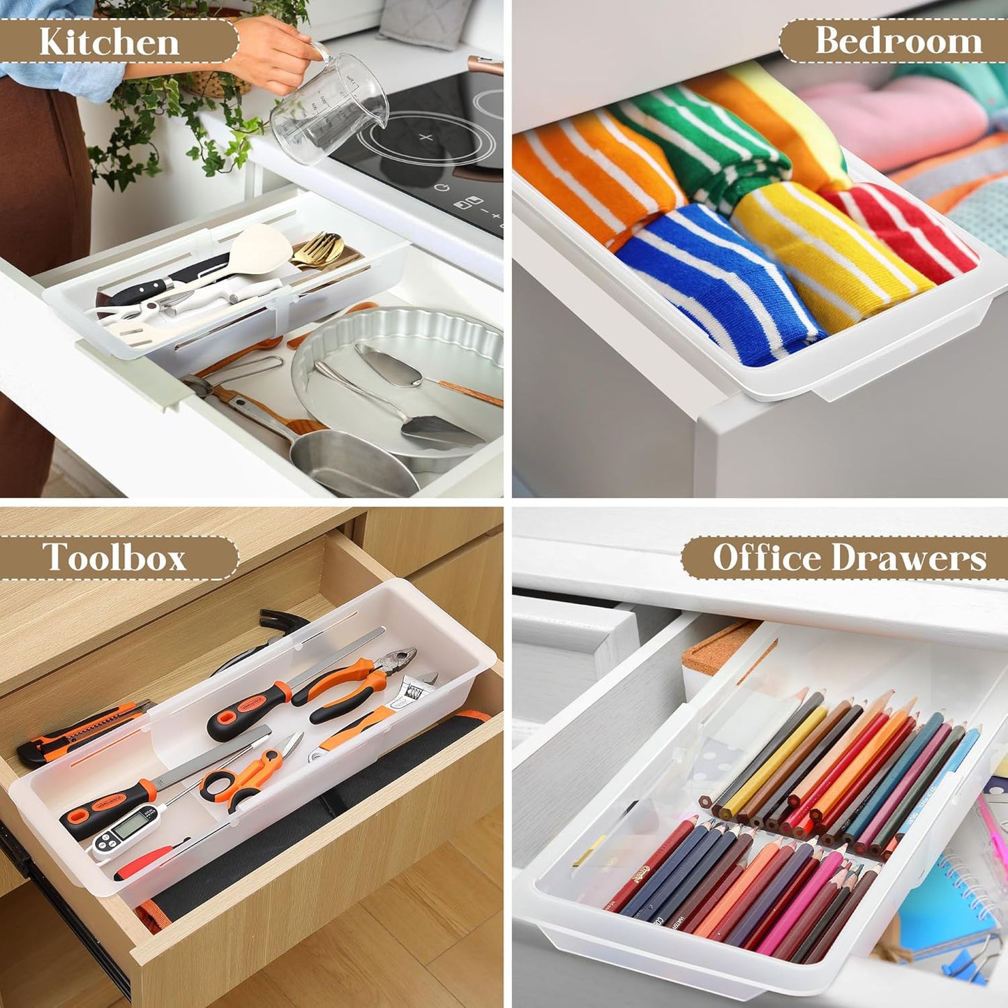 2 Pack Deep Drawer Organizer Bins, Adjustable Sliding Drawer Organizer Bin Expandable Tray for Kitchen Utensils, BBQ Tools, Towels, Durable Plastic Sliding for Easy Storage (17" to 27”)
