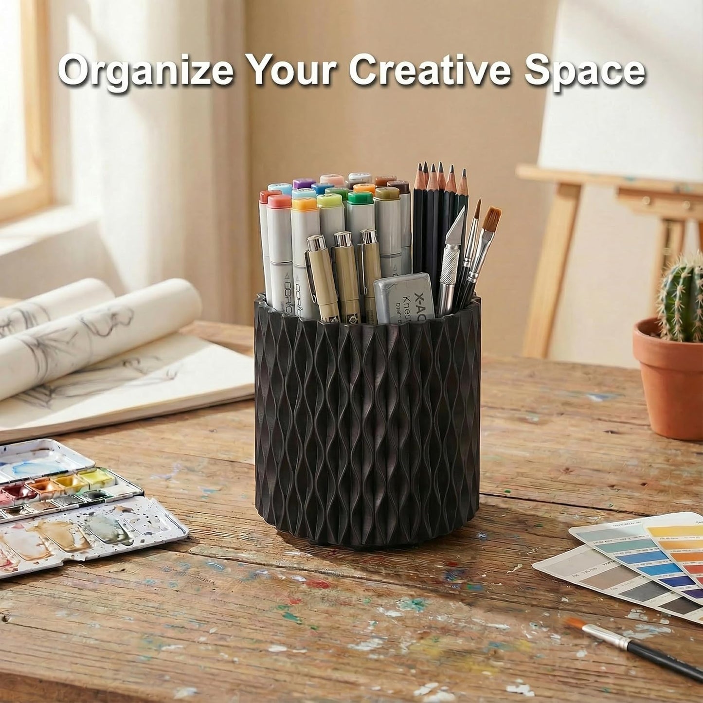 Black Pen Holder for Desk, 360° Rotating Pen Organizer with 5 Slots - Spinning Pencil Holder & Pencil Cup for Office, Art Supply, Makeup Brush - Desk Organizer for Home, School