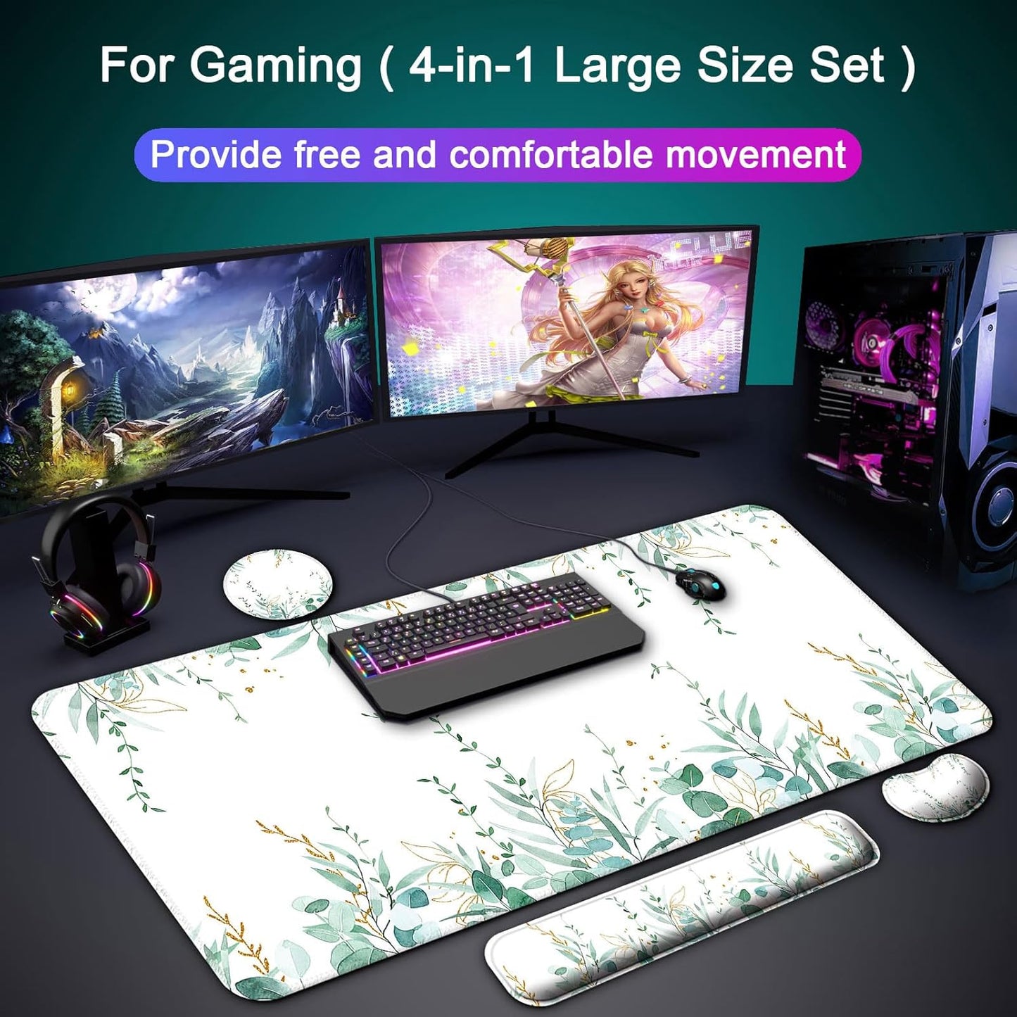 Keyboard Wrist Rest + Mouse Pad with Wrist Support + Desk Mat + Coaster 4 in 1 Set, XXL Large Gaming Mousepad Cute Ergonomic Mouse Pads for Desk Computer Laptop Office Decor-Beach