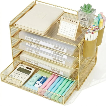 LEKETREE Desk Organizers and Accessories, 5-Tier Paper Letter Tray Organizer with File Holder, Desktop Organizer for Office Supplies (Black)