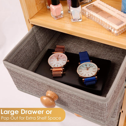 Large Makeup Organizer For Vanity, Large Capacity 3 Tiers Bamboo Bathroom Counter Organizers and Storage, Countertop Makeup Brush Holder, Nail Polish Perfume Stand with 3 Drawers and 10 Compartments