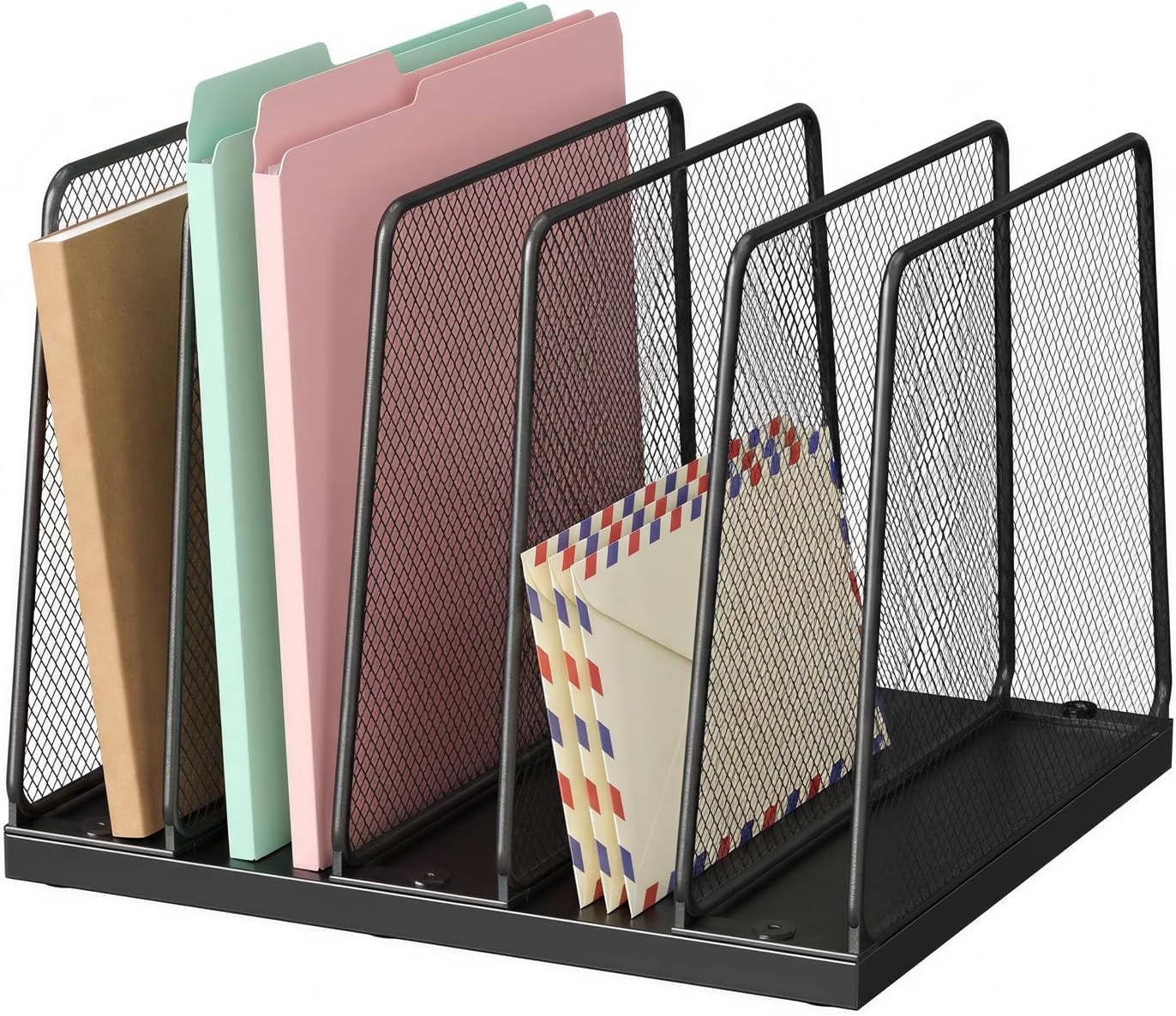 LEKETREE Desk File Organizer, 5-Section Upright File Sorter, Vertical File Folder Holder, Mesh Metal Wood Office Desktop Organization for Document, Magazine, Books and more (Wood and Black)