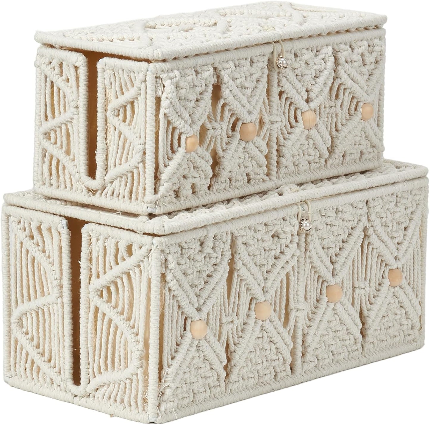 Cable Management Box Handmade Macrame Cord Storage Organizer Power Strips Outlet Router Adapter TV Wire Hider Cover Under Desk Natural Cotton Rope Woven Boxes with Lid (Off White, Large)