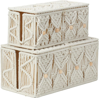 Cable Management Box Handmade Macrame Cord Storage Organizer Power Strips Outlet Router Adapter TV Wire Hider Cover Under Desk Natural Cotton Rope Woven Boxes with Lid (Off White, Large)