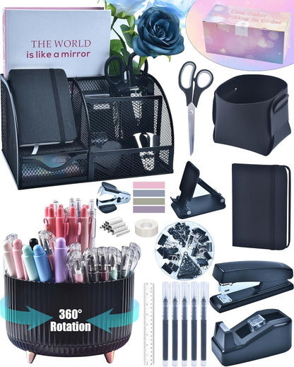 LXEVIHK 21Pcs Pink Desk Organizers and Accessories With Mesh Desk Organizer and 360°Rotating Pen Holder and a Lot of Office Pink Office Supplies Beautifully Presented in a Gift Box