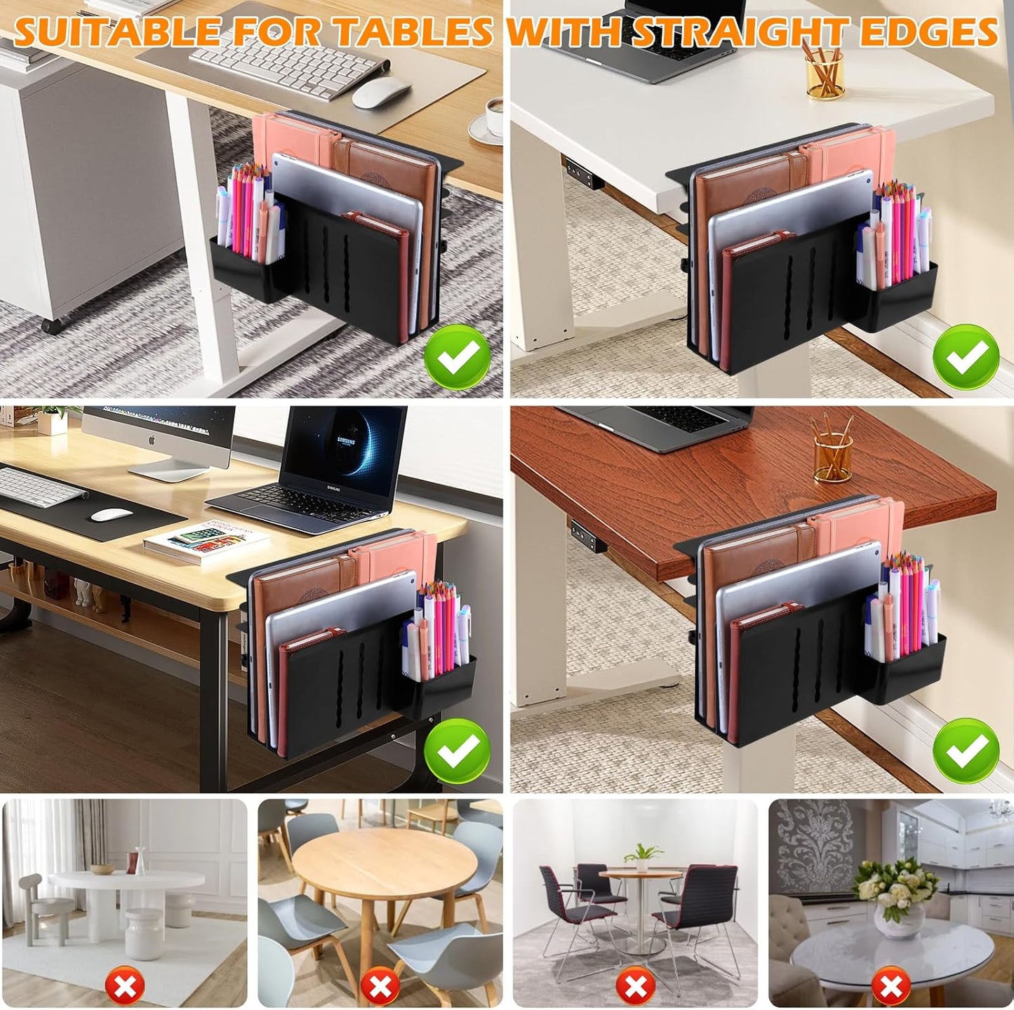Desk Side Storage, Under Desk Laptop Mount, Table Side Hanging File Organizer, No Drill Clamp On Cable Management Tray, Laptop Holder with Magnetic Pen Holder for Office and Home