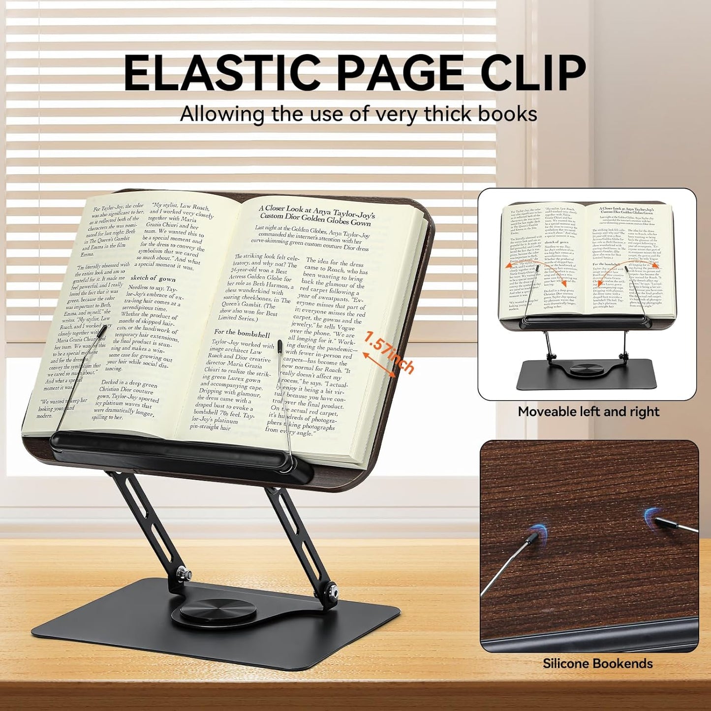 360° Rotating Book Stand for Reading, Adjustable Foldable Book Holder for Reading, Cooking, Office, Compatible with Cookbooks, Textbooks, Tablets, Sheet Music, and Laptops (Black Walnut)