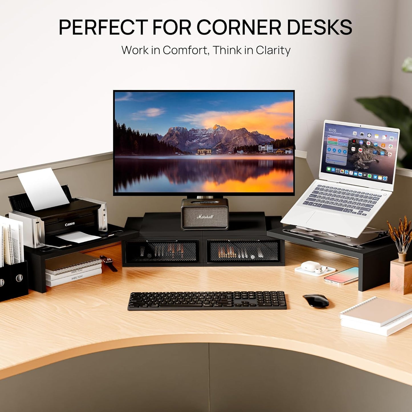 ZIFTY Dual Monitor Stand Riser for 3 Monitors, Desk Organizer with 2 Drawer and Smartphone Holder, Adjustable Length & Angle Workspace Organizers for Monitors Laptop Printer Computer, White