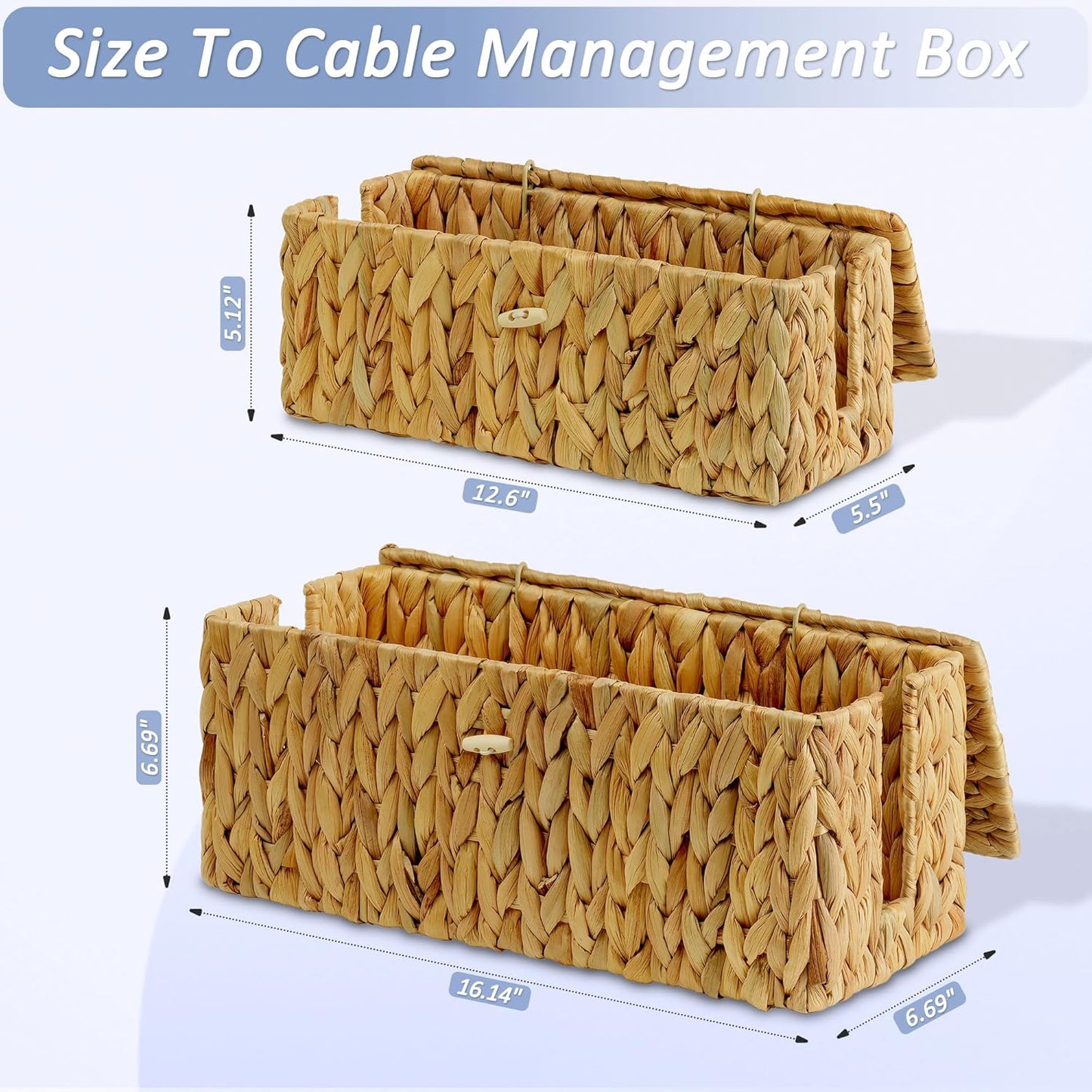 efluky 2 Pack Plastic Cable Management Boxes, Hand-Woven Cord Organizer Box with Lid, 2 Open Slots Cable Organizer Basket to Hide Power Strip and Charger for Home & Office and Dorm,Natural