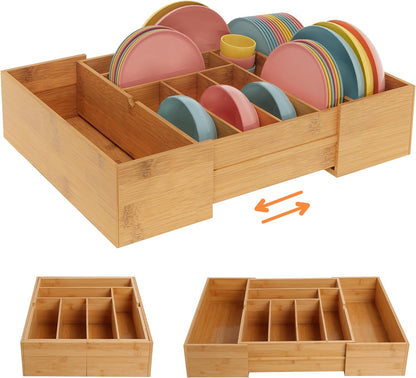 BAMEOS drawer organizer flatware organizer cutlery tray silverware organizer expandable adjustable bamboo drawer organizer kitchen bathroom