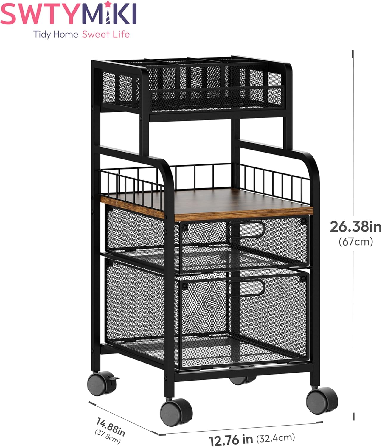 SWTYMIKI Rolling Cart with Drawers - Metal Utility Cart with Wood Shelf, DIY Divider and Locking Wheels, Craft & Art Cart Organizer for Under Desk Storage for Home Office Studio, Espresso