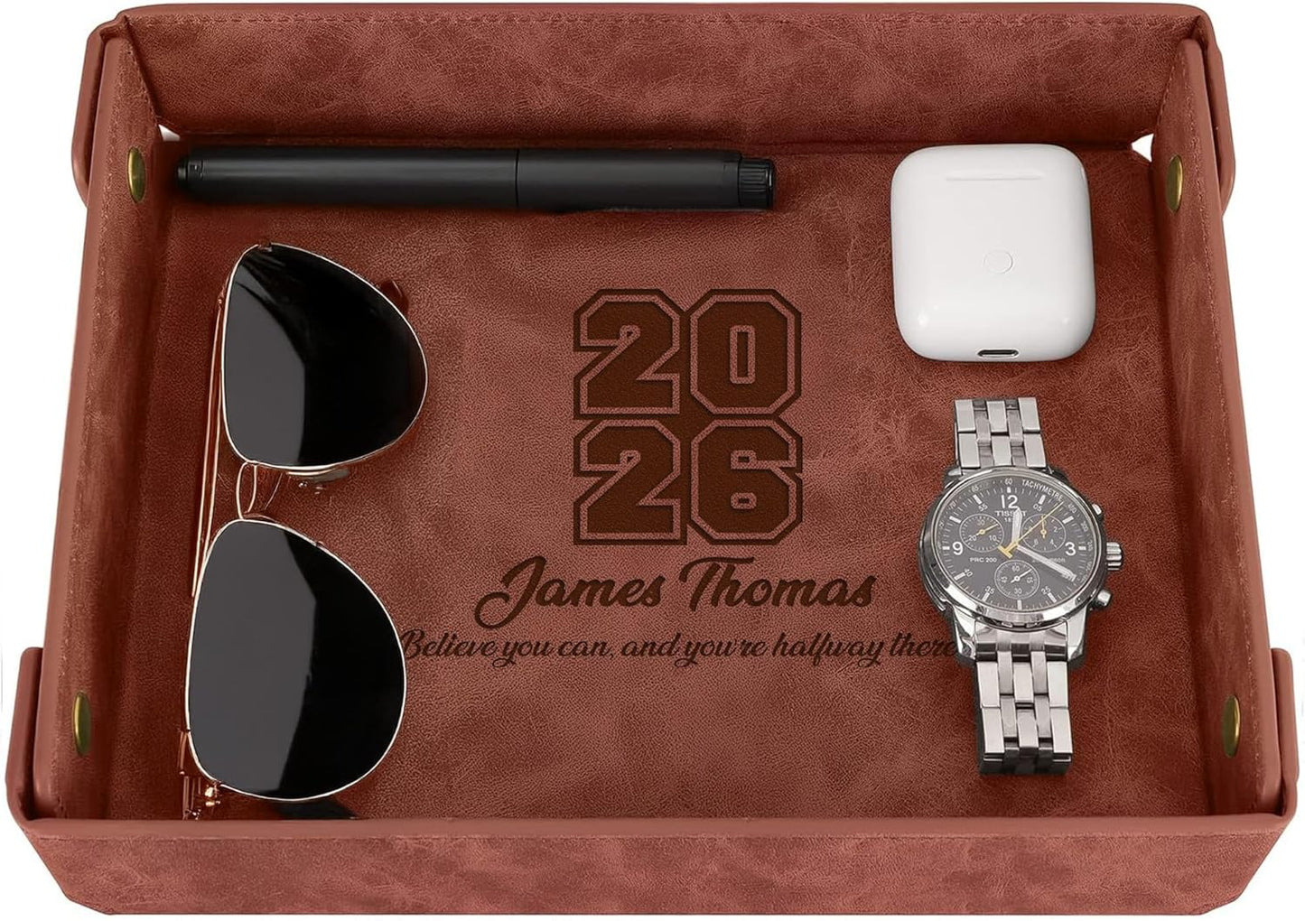 Engraved Leather Valet Tray for Men – Personalized Catchall with Custom Name for Desk, Dresser, Nightstand – Men's Organizer Tray for Keys, Wallet, Jewelry, Personalized Gift for Home, Office - Coffee