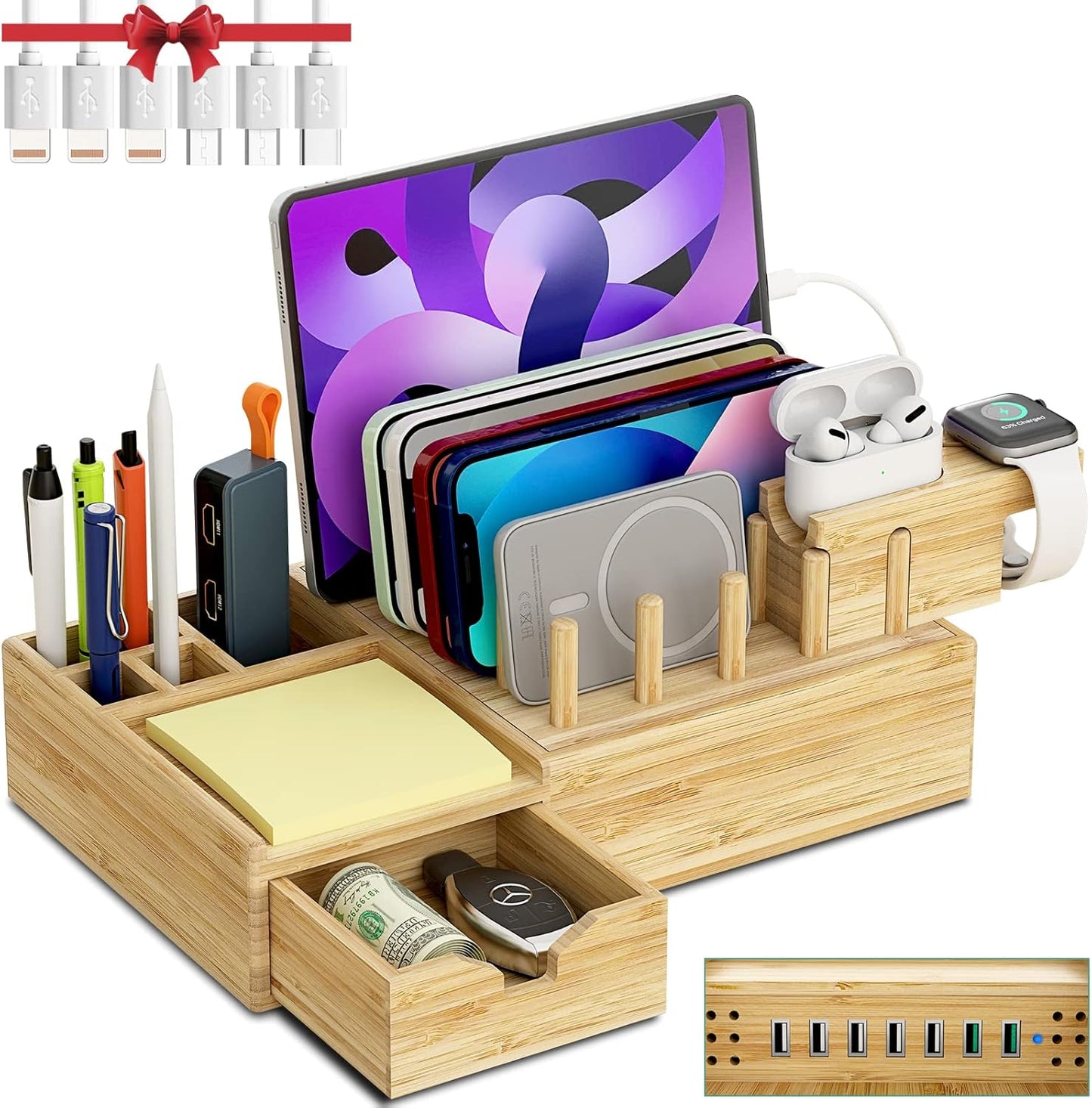 Bamboo Charging Station for Multiple Devices - Darfoo Wood Charging Dock Organizer with Drawer, 7 USB Charging Ports Compatible with Cell Phones, Tablet, Smart Watch & Earbud