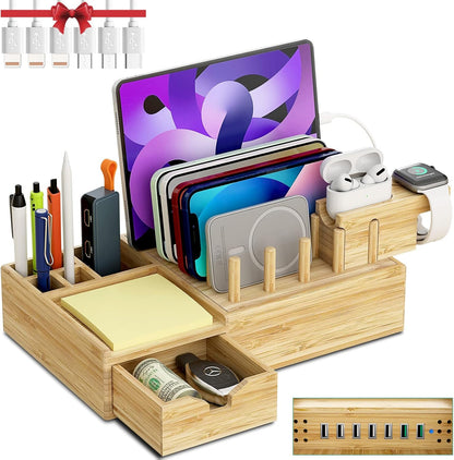Bamboo Charging Station for Multiple Devices - Darfoo Wood Charging Dock Organizer with Drawer, 7 USB Charging Ports Compatible with Cell Phones, Tablet, Smart Watch & Earbud