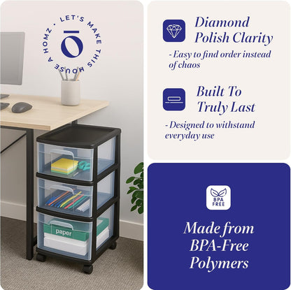 HOMZ Drawer Tower, 3-Tier Rolling Storage Cart with Removable Wheels, White Frame – Plastic Organizer with Clear Bin Drawers for Bedroom, Bathroom, Home Office, and Dorm Room