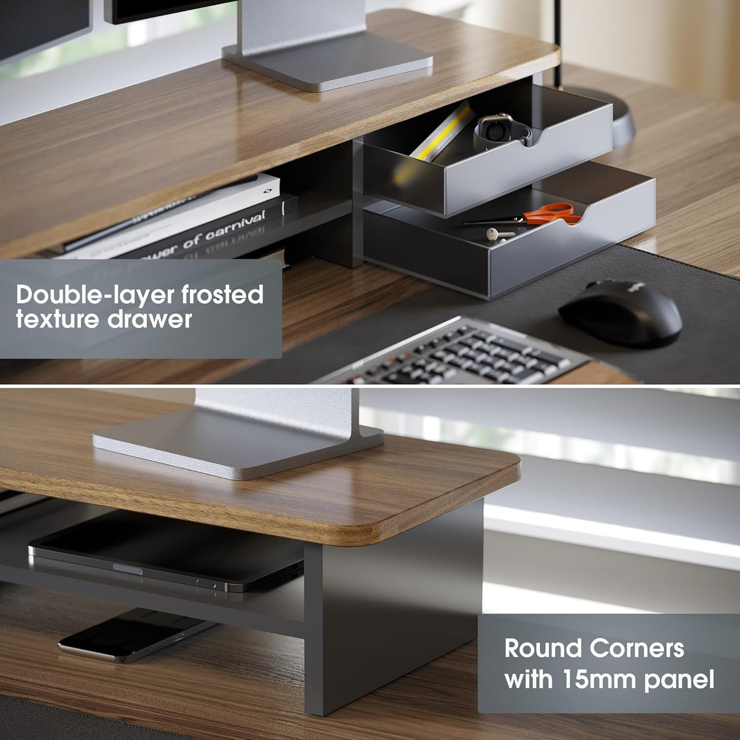 Fenge Monitor Stand, Dual Monitor Riser, 42.5inch Large Desk Computer Monitor Stand Riser with Drawer, 2 Tier Wood & Acrylic Desktop Organizer for Computer, Laptop, Printer, TV Screen Riser