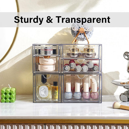 Prsildan Acrylic Makeup Organizer, 2 Pack Stackable Storage Drawers with 6 Drawers for Office Desk Vanity Craft Room Clear Drawer Organizers for Hair Accessories Art Supplies Cosmetics Modular System