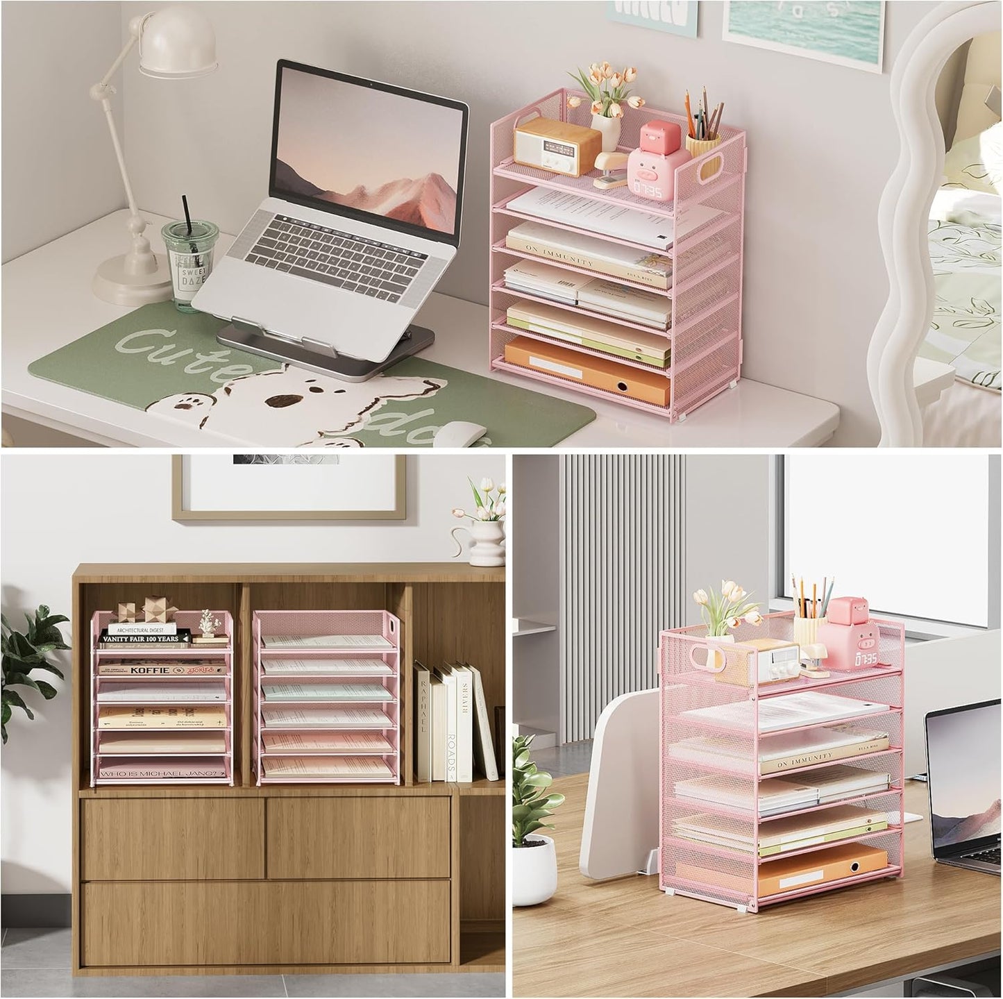 Subekyu 6 Tier Office File Paper Desk Tray Organizer with Handle, Stackable Slide Mesh Letter Tray Folder Blue Desk Organizer, Desktop Document Sorter for Classroom, Office, Home Supplies Storage