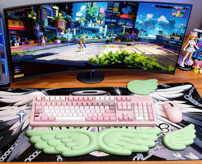 Angel Wing Wrist Rest Ergonomic Memory Foam Wrist Rest for Computer Keyboard Mouse Set with Cup Mat, Cute Gaming Keyboard Cushion Hand Support PU Leather Surface Anti-Slip Waterproof（White）