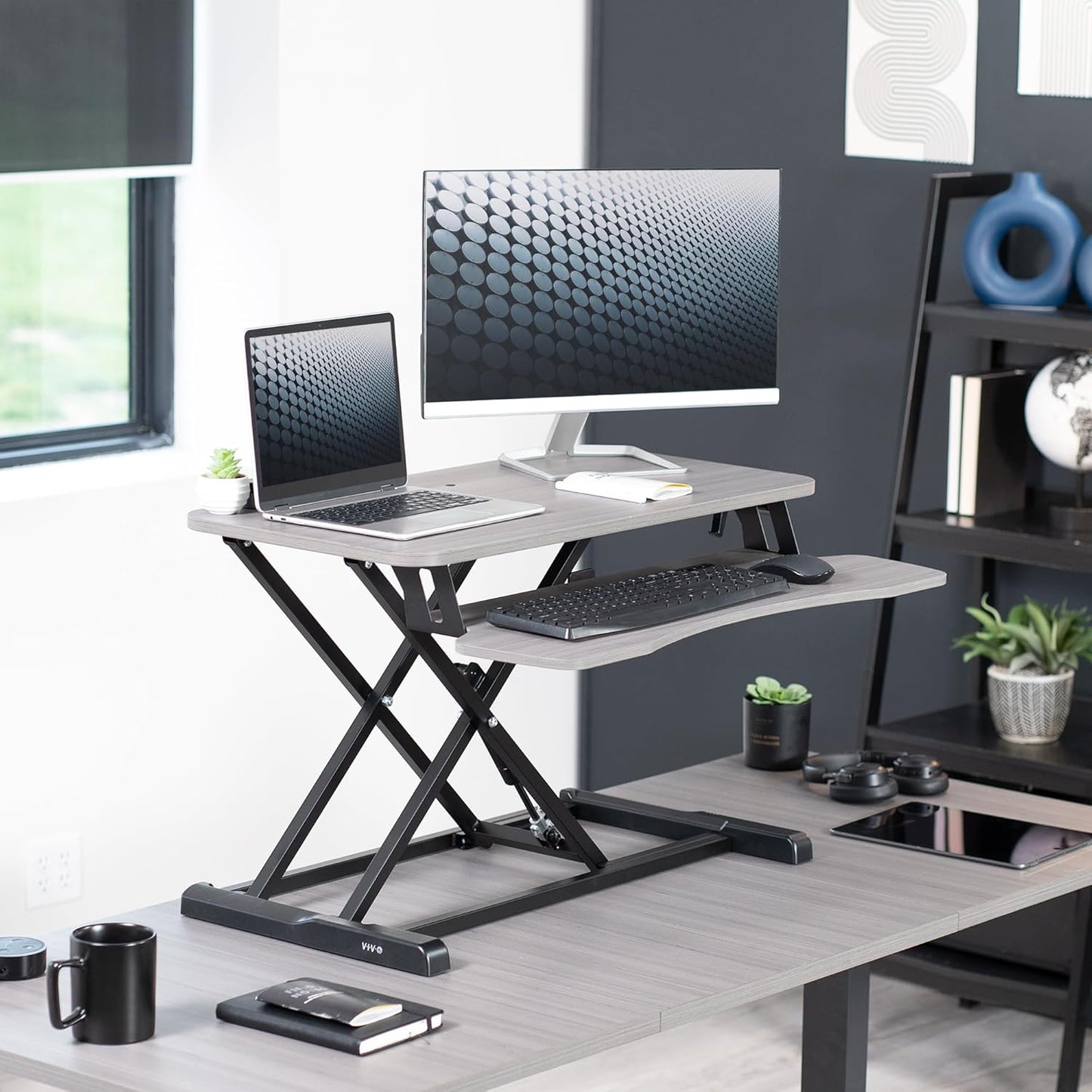 VIVO 26 inch Desk Converter, K Series, Height Adjustable Sit to Stand Riser, Dual Monitor and Laptop Workstation with Keyboard Tray, Black, DESK-V026KB