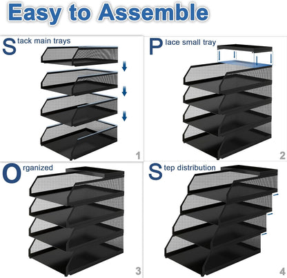 Natwind 4-Tier Paper Organizers,Desk Organizer,Stackable Paper Tray, Desk Accessories,Metal Mesh Desktop Organizer,Letter Trays,File Document Storage Rack for for Home, Office, School (Black)