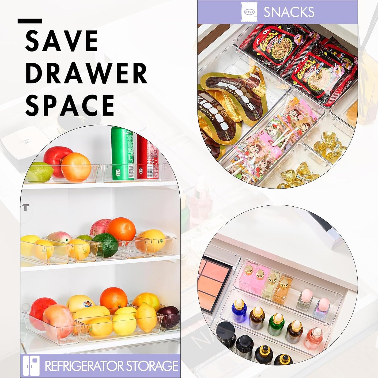HOUSE DAY Makeup Drawer Organizer Trays 24 PCS, 4-Size Clear Drawer Organizers with Silicone Pads, Vanity Organizers and Storage, Non Slip Plastic Drawer Organizer for Desk, Bathroom, Kitchen, Office