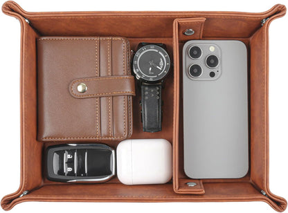 Deluxe Leather Tray Desktop Storage Organizer Watch Remote Control Jewelry Cell Phone Wallet Keychain Desktop Storage for Home, Camping Unique Gift Ideas for Men and Friends